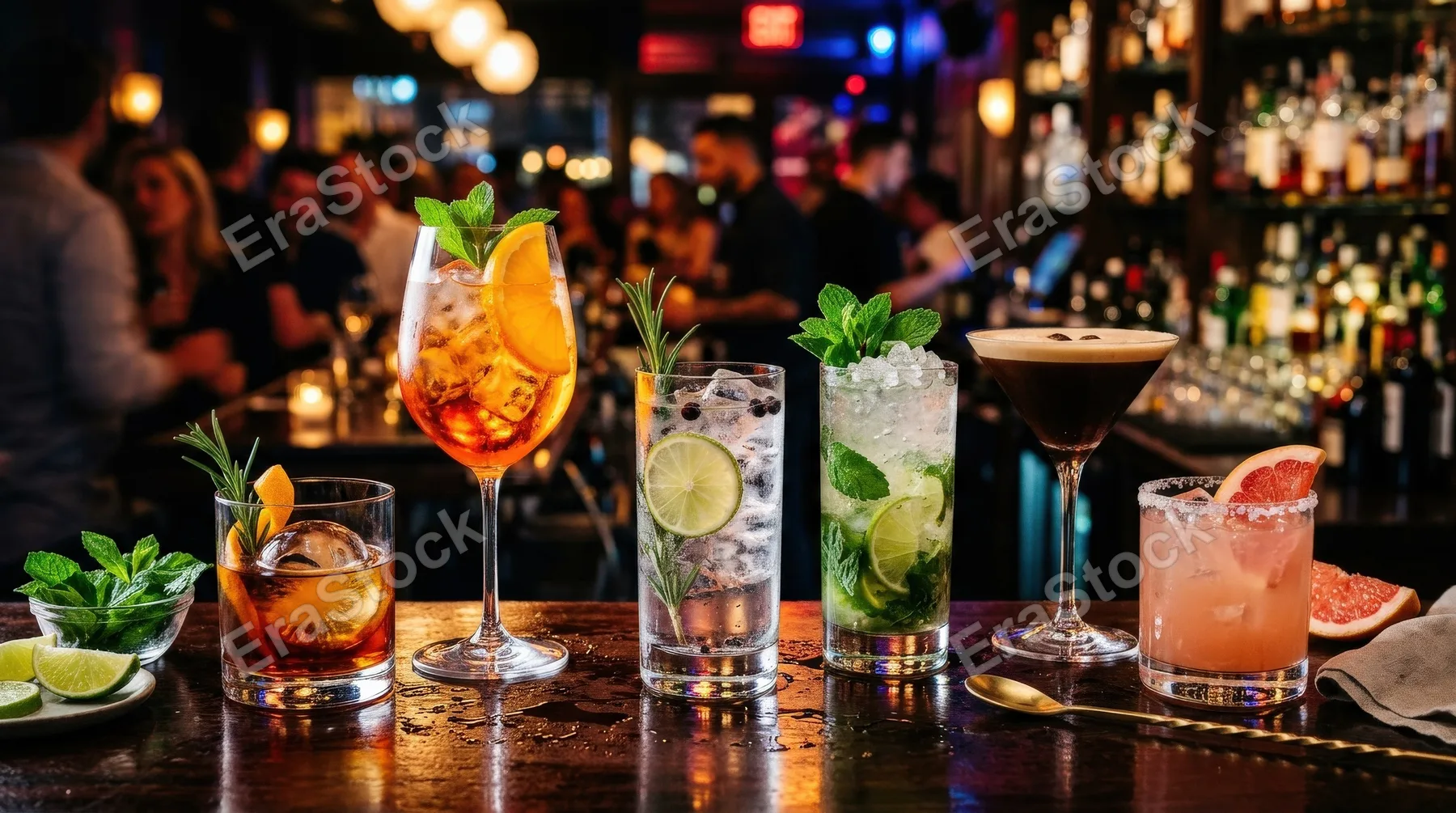 A cocktail assortment with citrus slices, ice, herbs, elegant glasses, and colorful mixed drinks on a sleek bar surface, glowing reflections and vibrant nightlife mood, ultra-realistic, no logos.