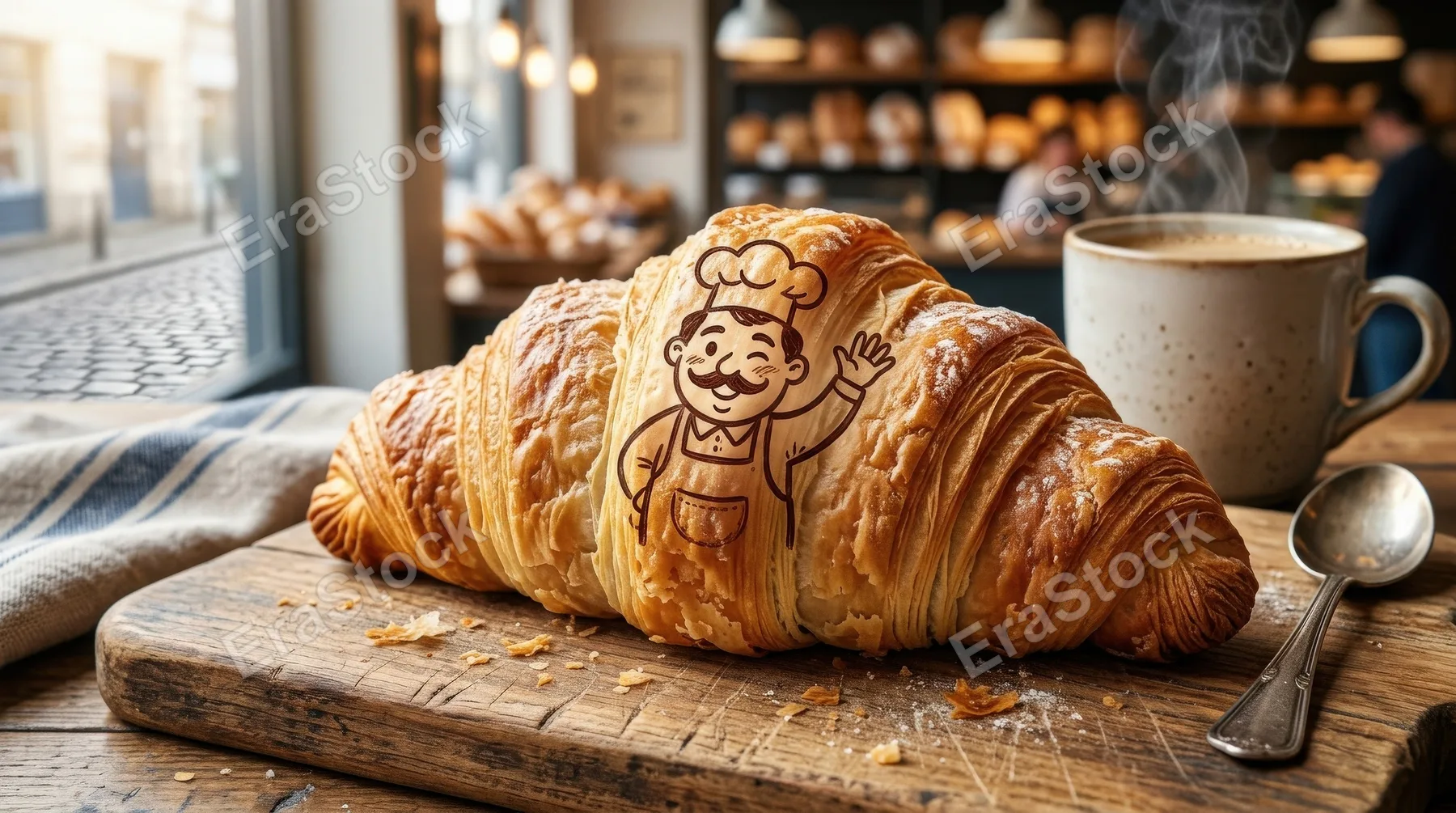 A croissant with bold hand-drawn character, crisp flaky layers, warm bakery appeal, fresh morning atmosphere, ultra-realistic, no logos.