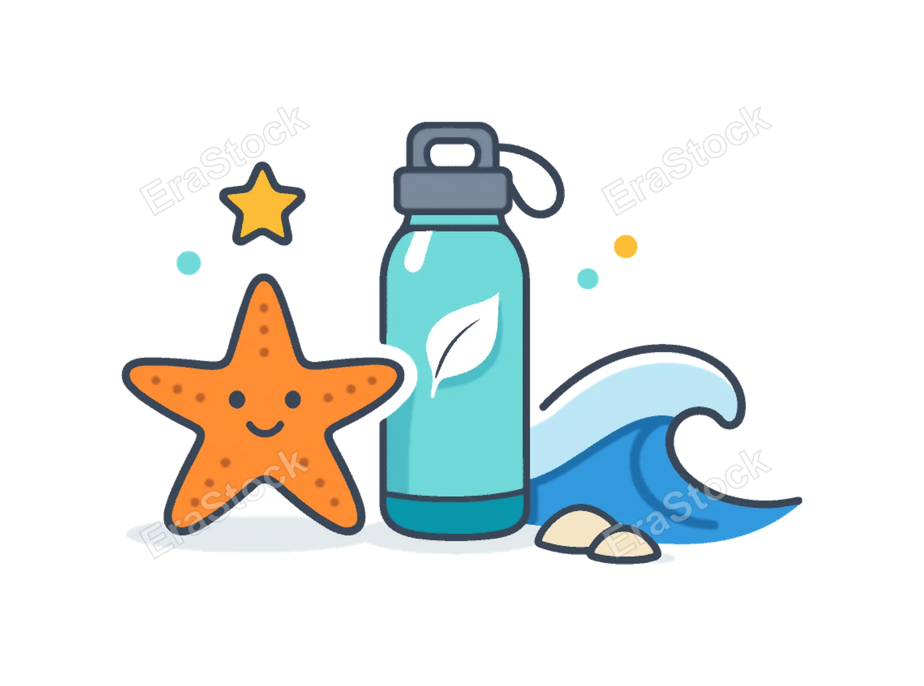 Ocean conservation and sustainable coastal protection presented as a modern environmental stock concept, a starfish paired with a reusable water bottle and a small wave