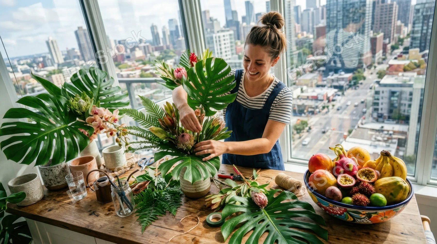 an overhead view of the florist joyfully working among the vivid monstera leaves on the kitchen counter, highlighting the colorful dish of tropical fruits nearby. the