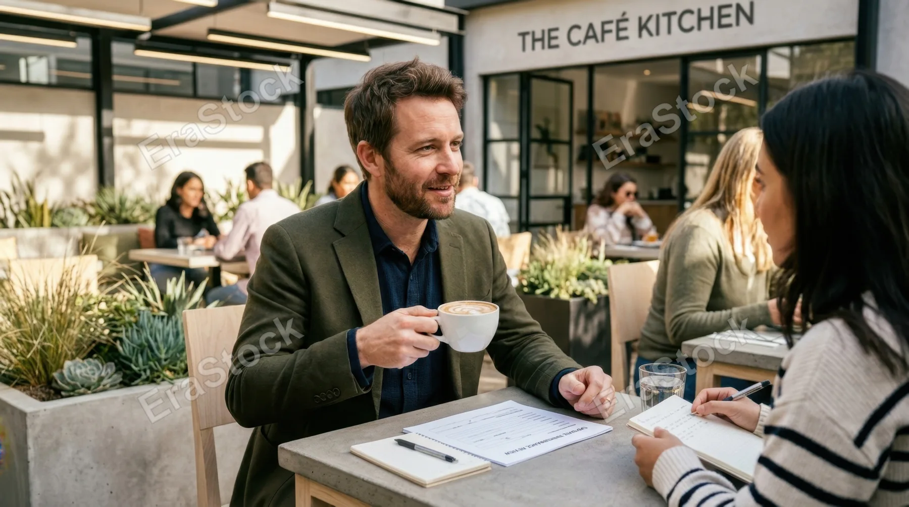 a 35-year-old caucasian male director seated at a modern outdoor cafe table, conducting a performance review while holding a flat white with beautifully layered foam art