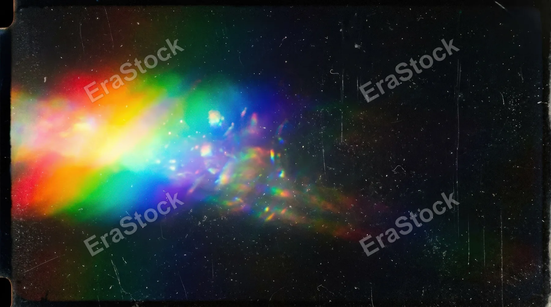 A rainbow light leak spreading across a black surface, delicate dust specks, worn film texture and luminous prism glow, dreamy vintage atmosphere, ultra-realistic, no logos.