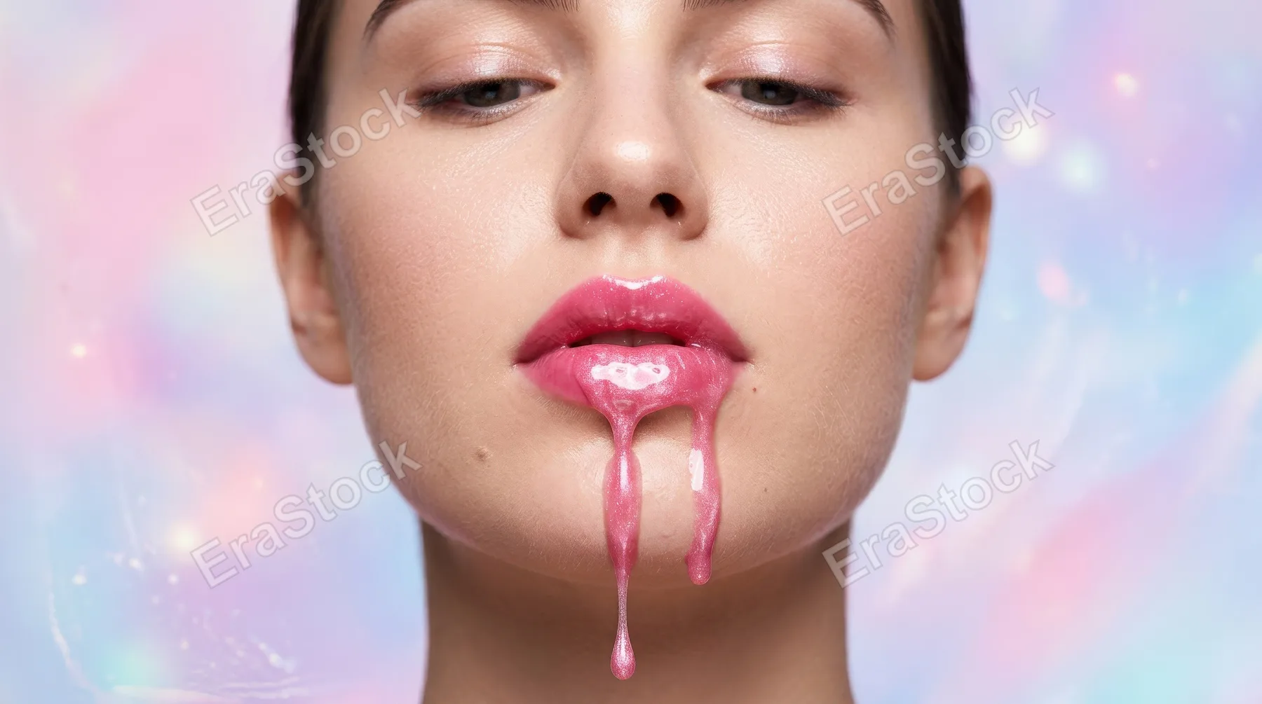 A beauty close-up of glossy pink lips dripping with luminous liquid against a pastel backdrop, smooth skin detail and modern surreal glamour, ultra-realistic, no logos.