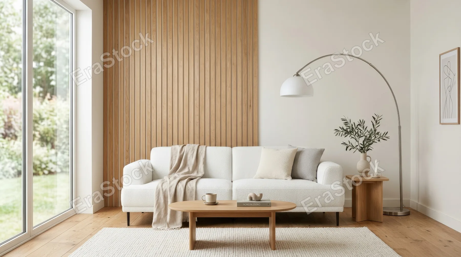 A minimalist living room with a white modern sofa, wooden wall accents and an arc floor lamp, airy copy space and calm Scandinavian mood, ultra-realistic, no logos.