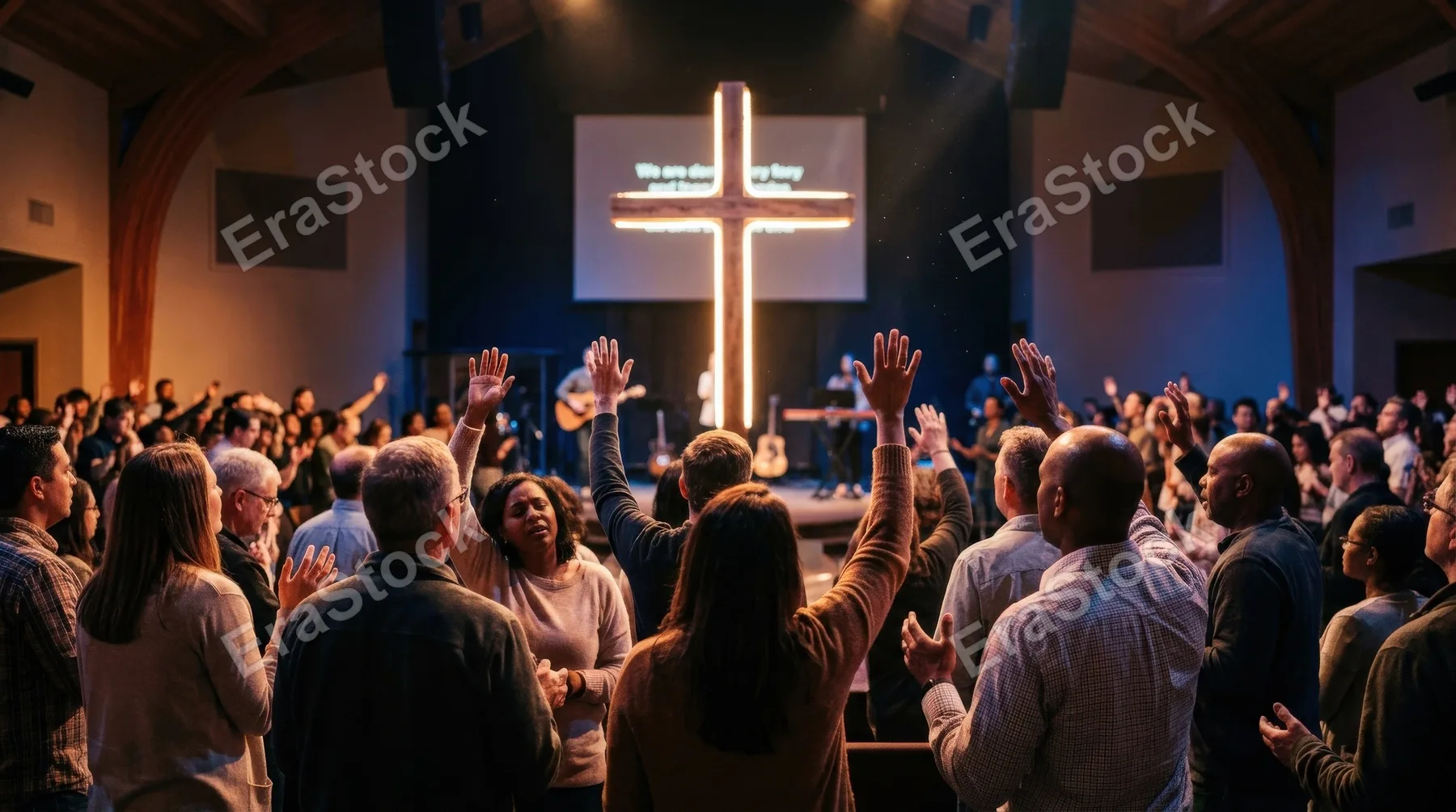 People with raised hands praying in front of a glowing cross during Christian worship, church gathering in warm atmospheric light, spiritual praise and Easter devotion, ultra-realistic, no logos.