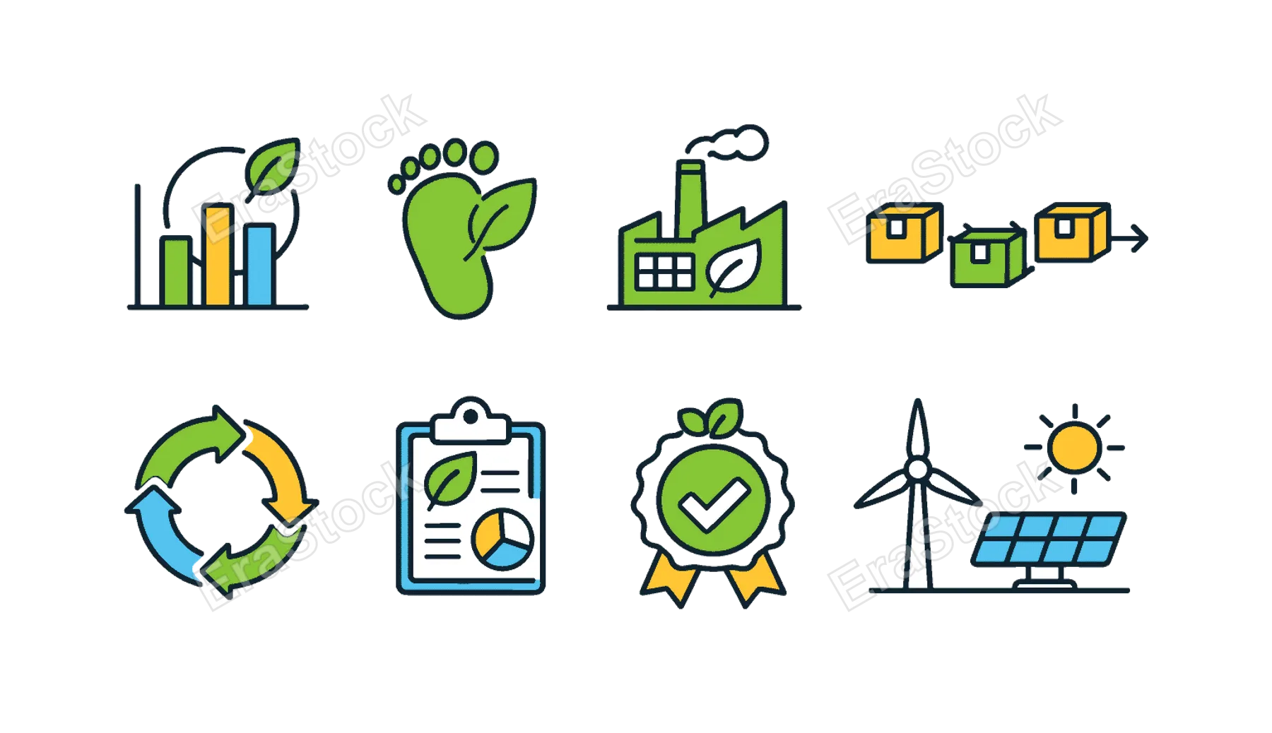 Sustainable business strategy: ESG chart, carbon footprint icon, green factory, supply chain arrows, circular economy loop, sustainability report, eco certification badge