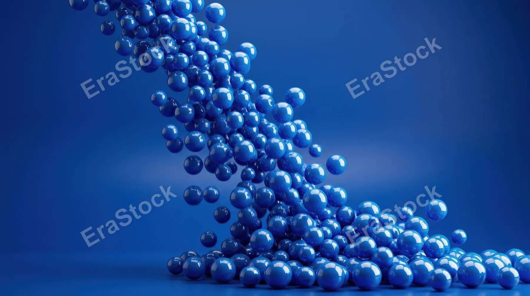 A cascade of blue balls against a monochrome blue background, glossy motion, rhythmic visual balance, ultra-realistic, no logos.