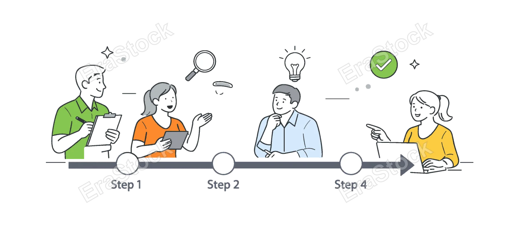 A structured process visibility scenario where a team maintains clear oversight of each stage in a workflow without confusion or gaps, built around a visual metaphor of a