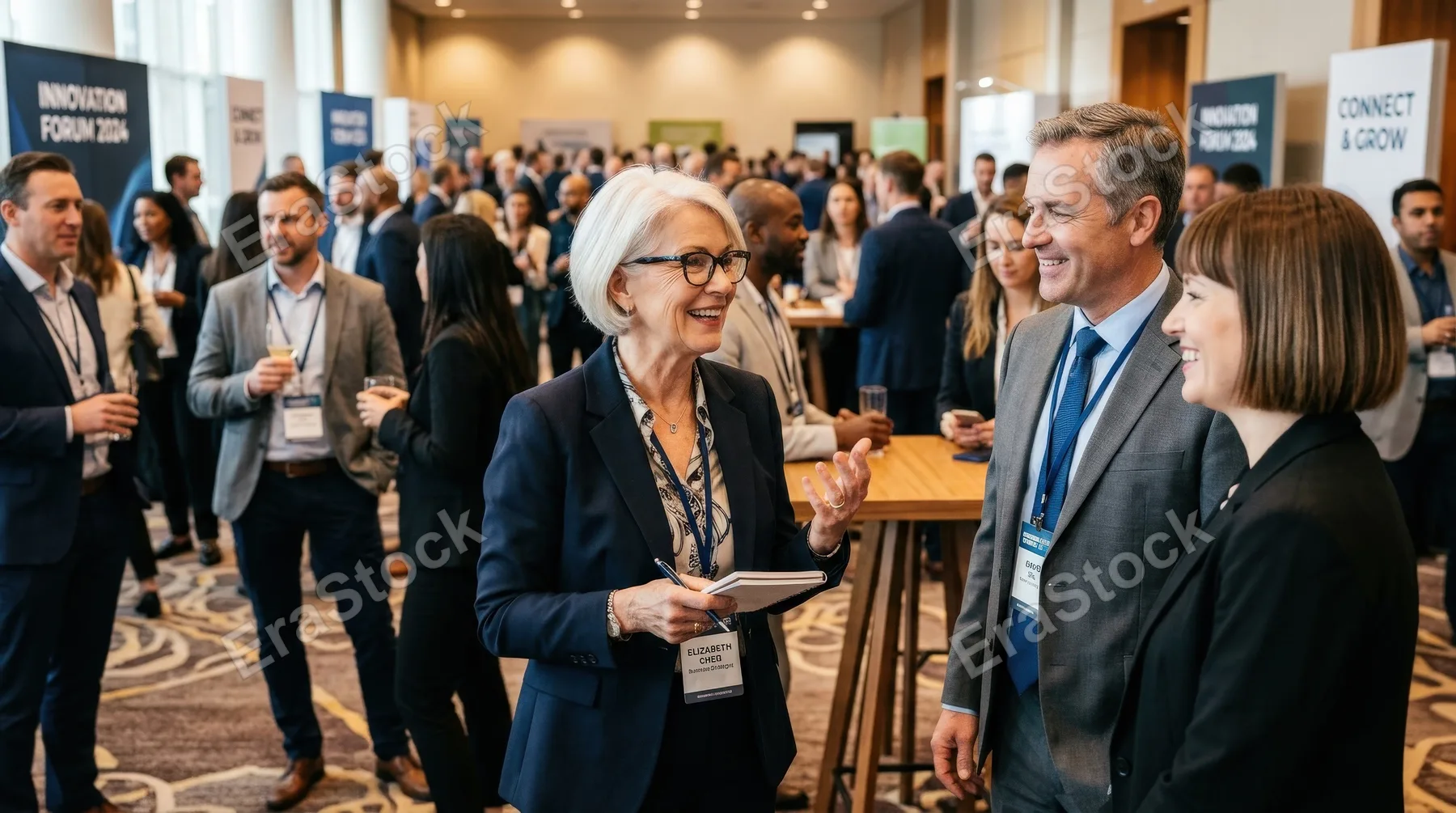 A smiling senior female business expert wearing eyeglasses while discussing with colleagues at a networking event in a convention center, elegant attire, warm ambient light, ultra-realistic, no logos.