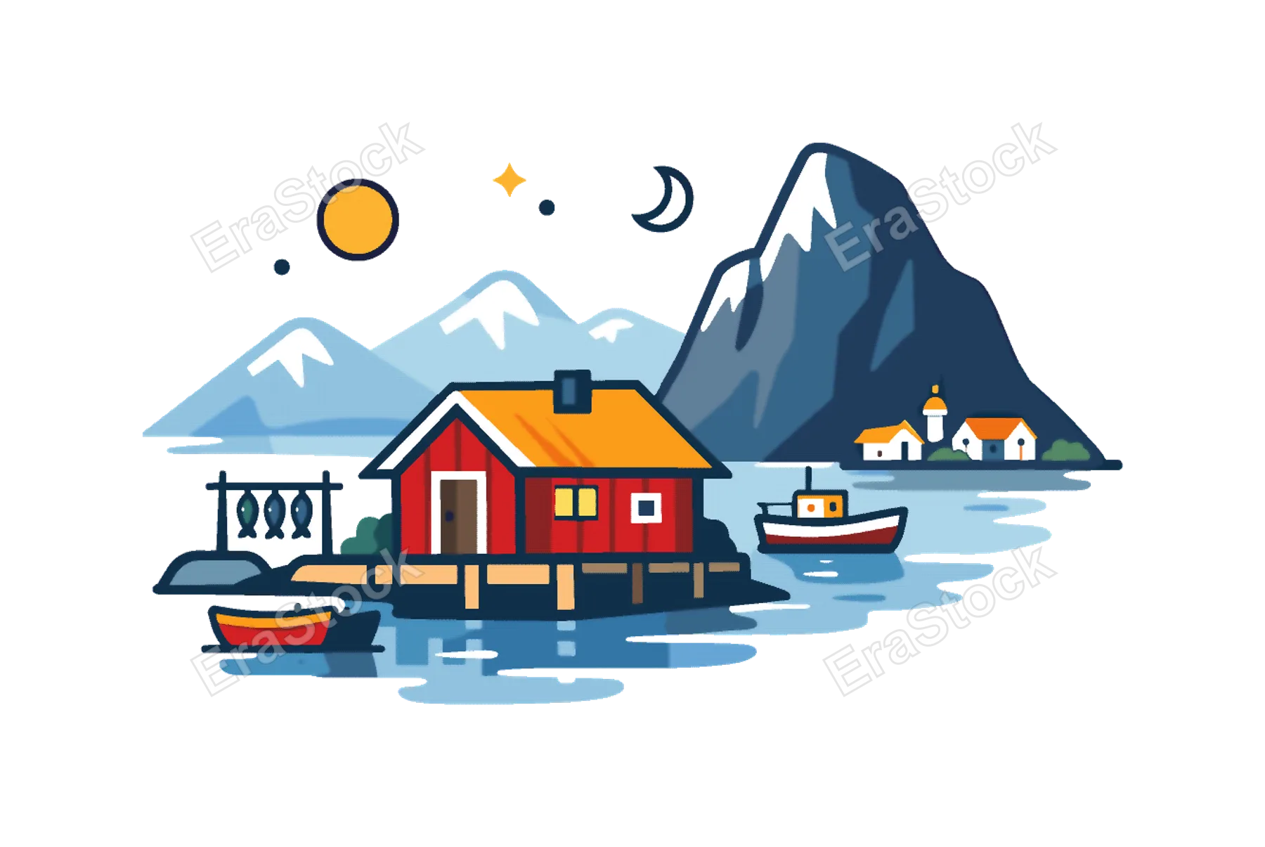Traditional Arctic coastal settlement surrounded by mountains and sea reflecting the quiet rhythm of northern fishing communities, a small seaside cabin beside a steep mountain