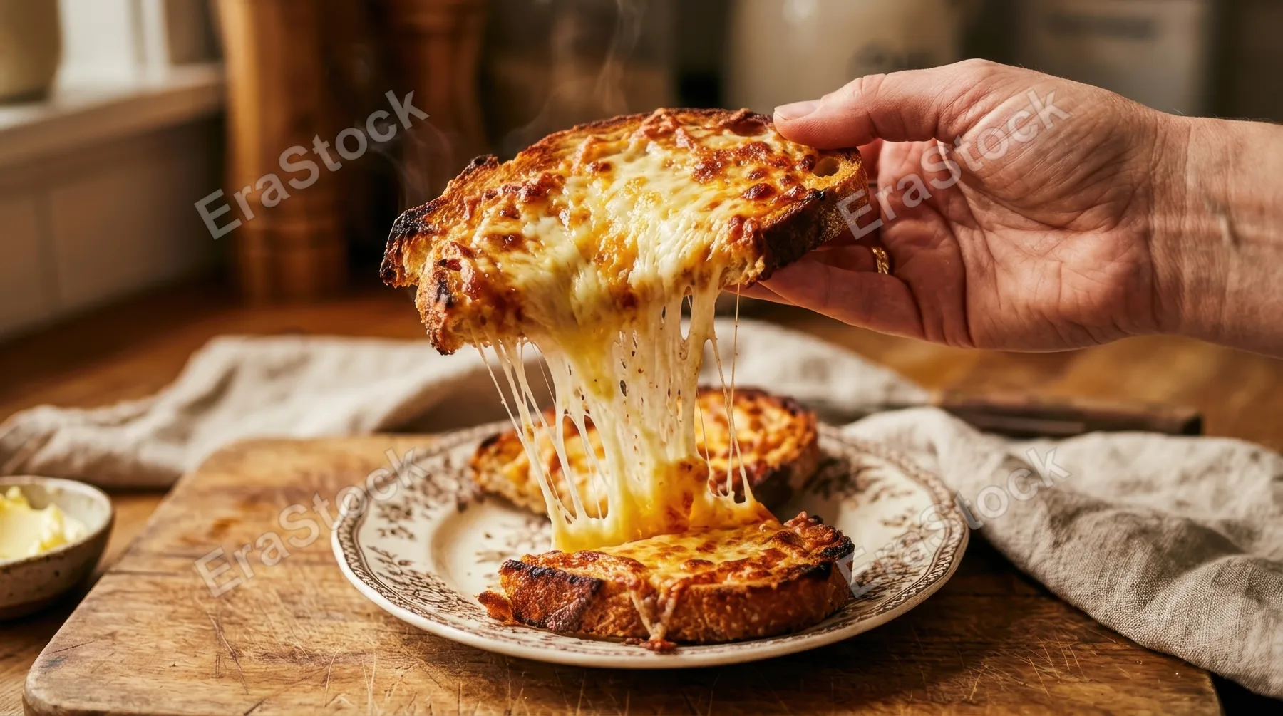 Melted cheese stretching from a slice of toasted bread held mid-air, golden-brown crust visible, cheese strands in sharp focus, warm interior lighting casting soft