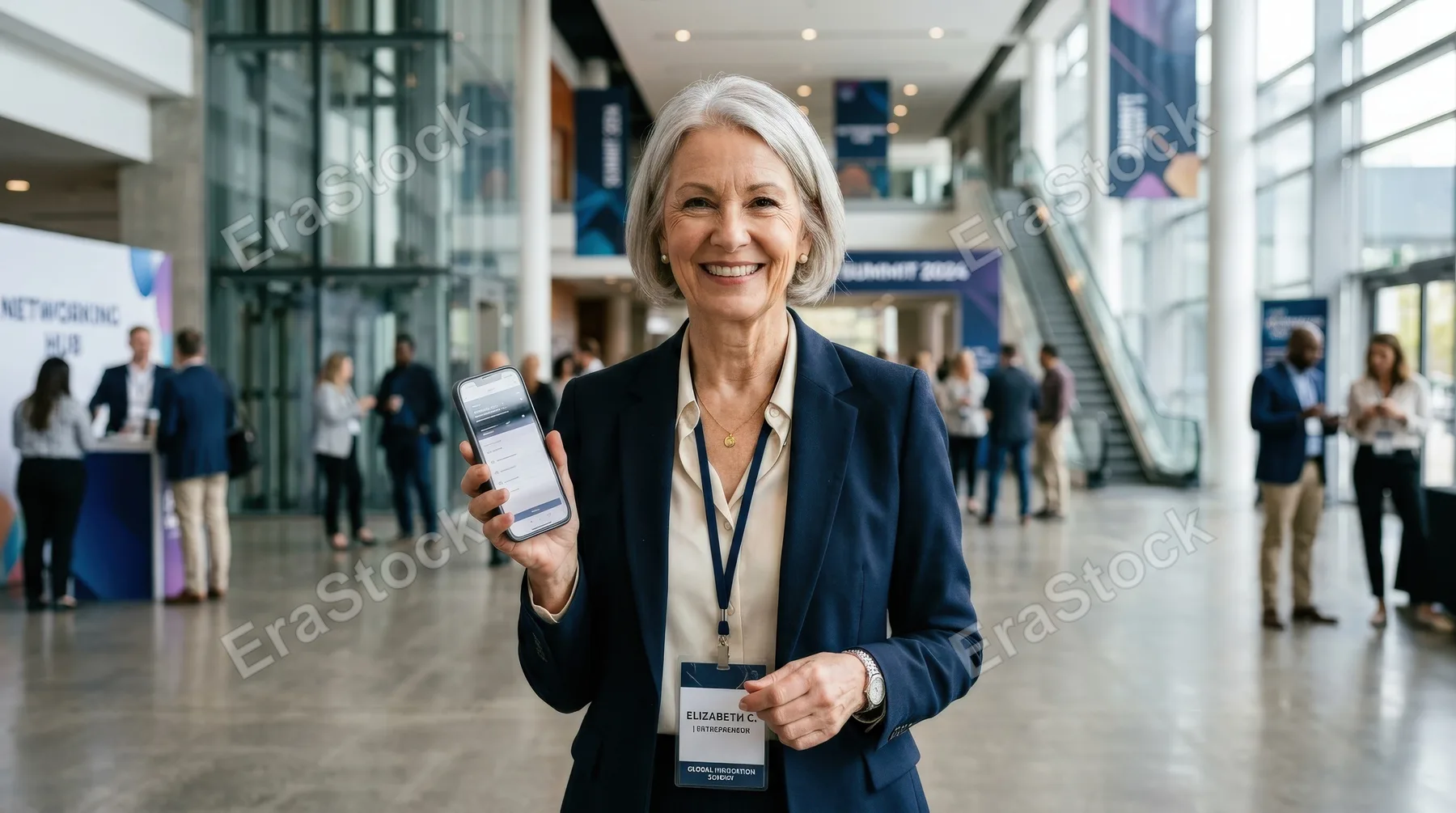 Portrait of a smiling senior female entrepreneur holding a smartphone while standing in a convention center, elegant business attire, clean architectural background, confident approachable mood,