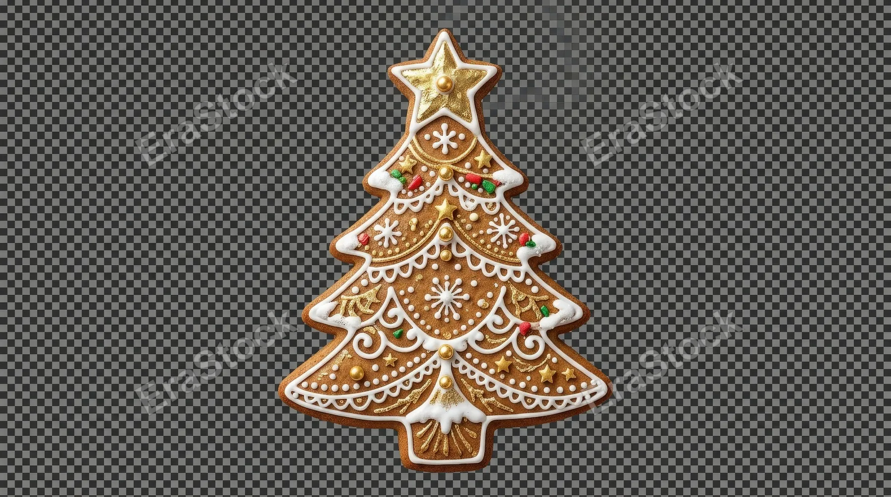 A decorated Christmas tree gingerbread cookie with icing and golden accents, isolated on transparent background, intricate sweet details and festive bakery charm, ultra-realistic, no logos.