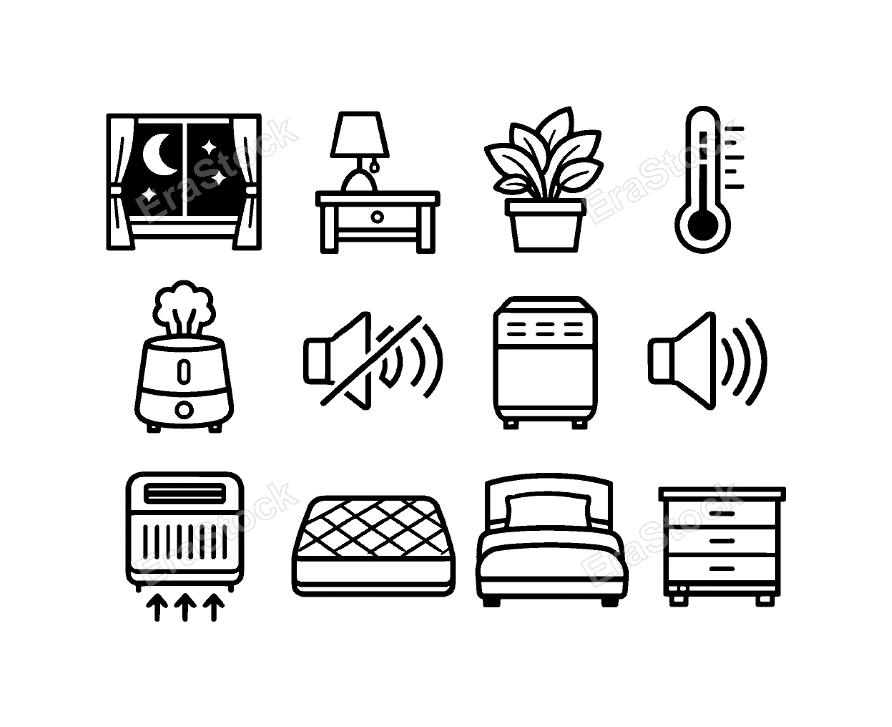 Bedroom environment: bedroom interior, window with moon, curtains, bedside table, lamp light, plant decor, temperature thermometer, humidifier, noise control, air