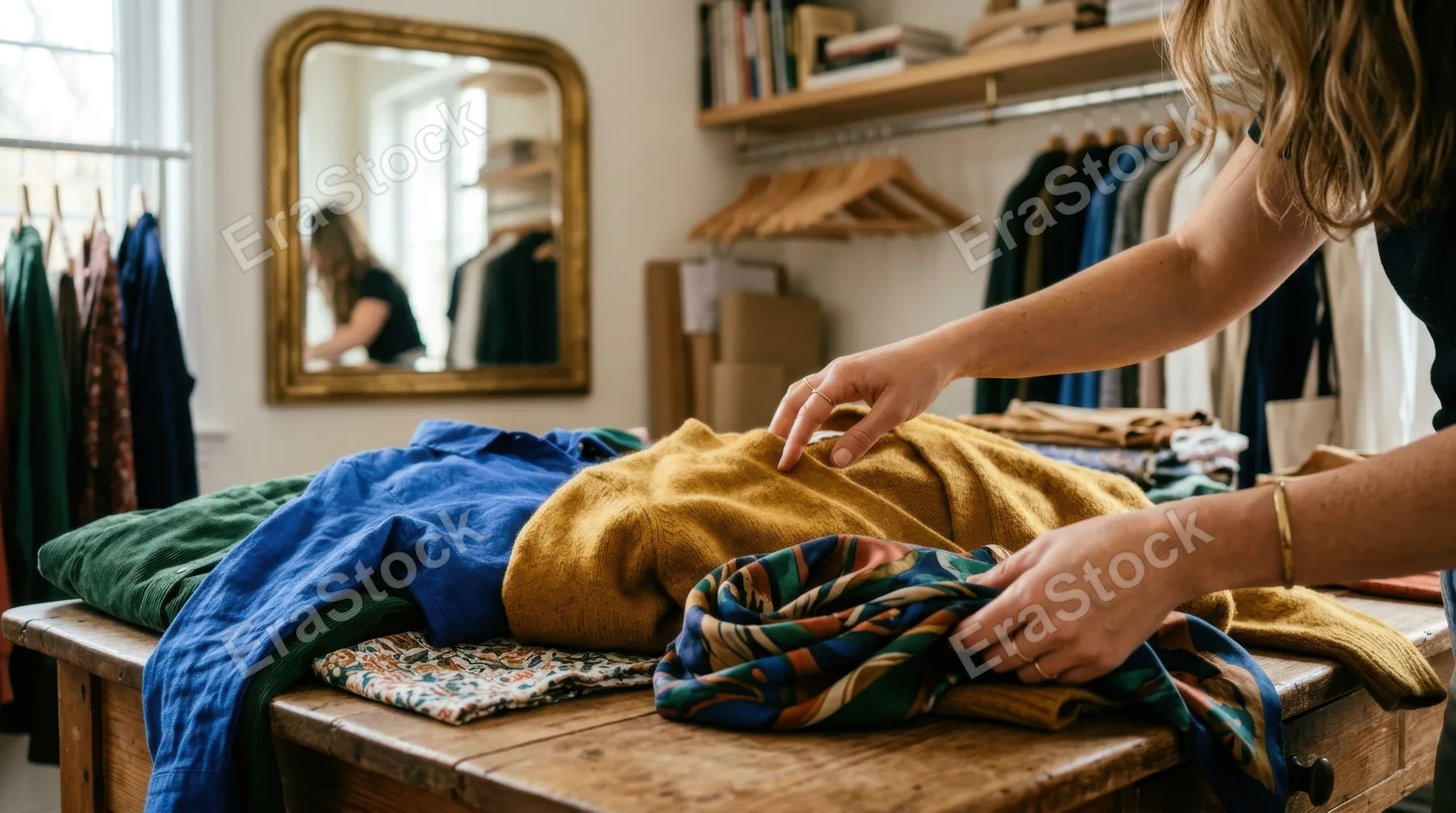 a close-up detail shot of the personal stylist's hands as she carefully arranges pieces of clothing on a table, highlighting the textures and vibrant colors of the
