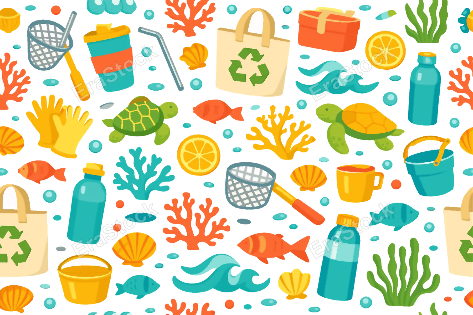 Plastic-free ocean lifestyle seamless pattern for sustainability campaigns with reusable cup, metal straw, lunch box, tote bag, lemon slice, fish, turtle, wave, coral, shell,