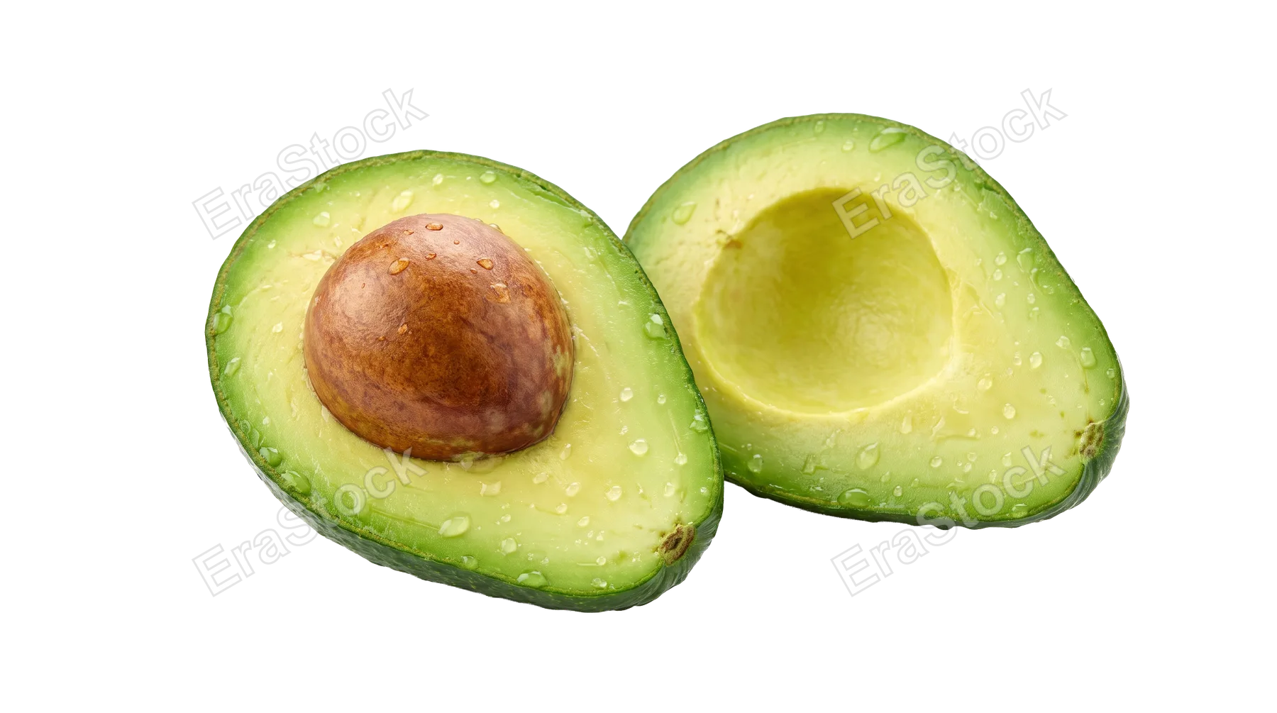 A vibrant green avocado is sliced in half, revealing its large brown seed and moist flesh, perfect for healthy eating concepts