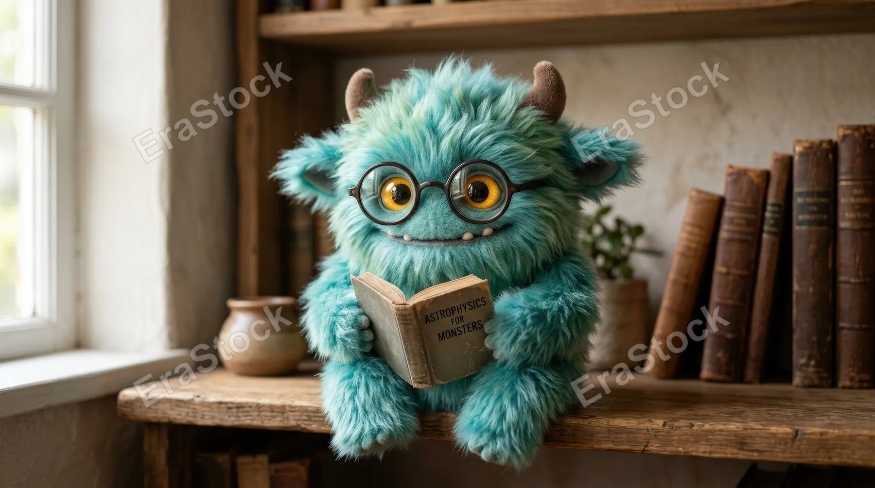 A cute monster wearing glasses, fluffy texture, bright eyes, simple backdrop, quirky intelligent charm, ultra-realistic, no logos.