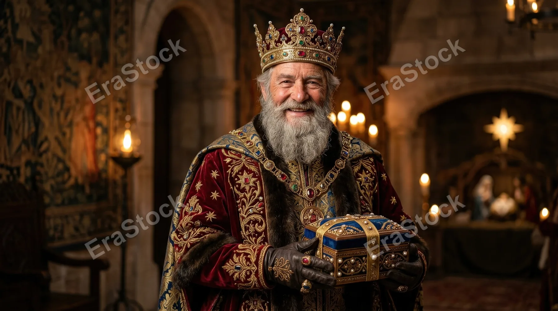 A Christmas wise man in royal costume and crown holding a gift box, smiling warmly, rich fabric textures, noble Epiphany portrait, ultra-realistic, no logos.