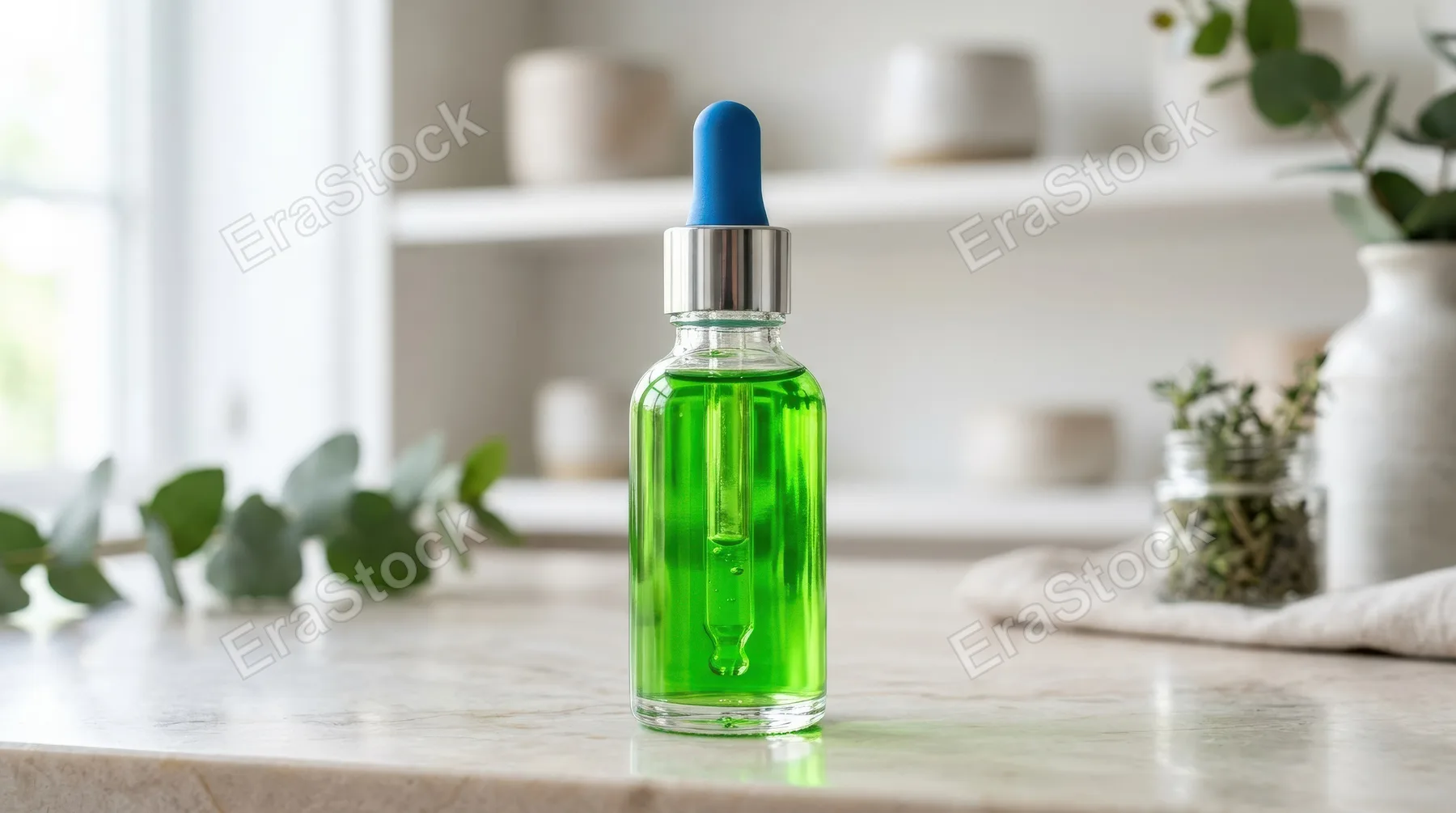 A bright green cosmetic serum in a clear glass dropper bottle with a blue rubber top and pipette, glossy liquid glow, clean skincare studio aesthetic, fresh modern atmosphere, ultra-realistic, no