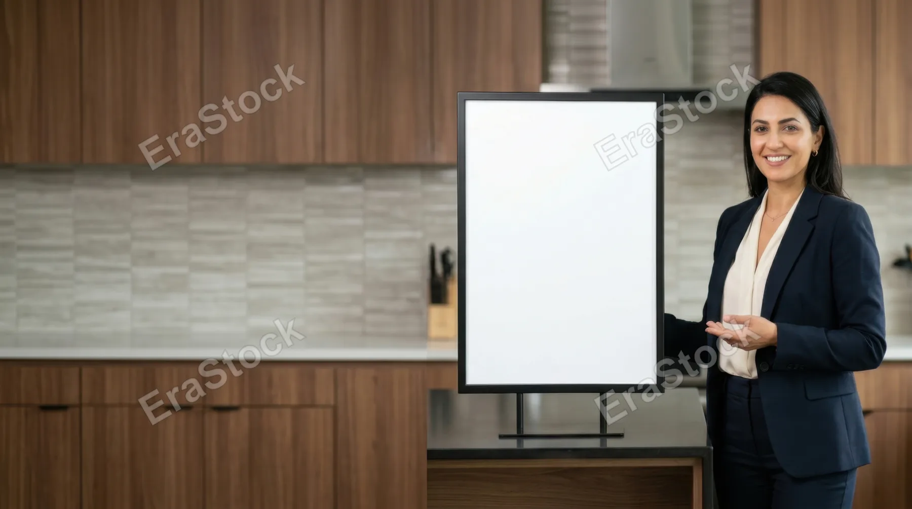 a bold, graphic composition featuring the blank sign in focus against the modern kitchen backdrop, with the 36-year-old middle-eastern female marketing director placed to