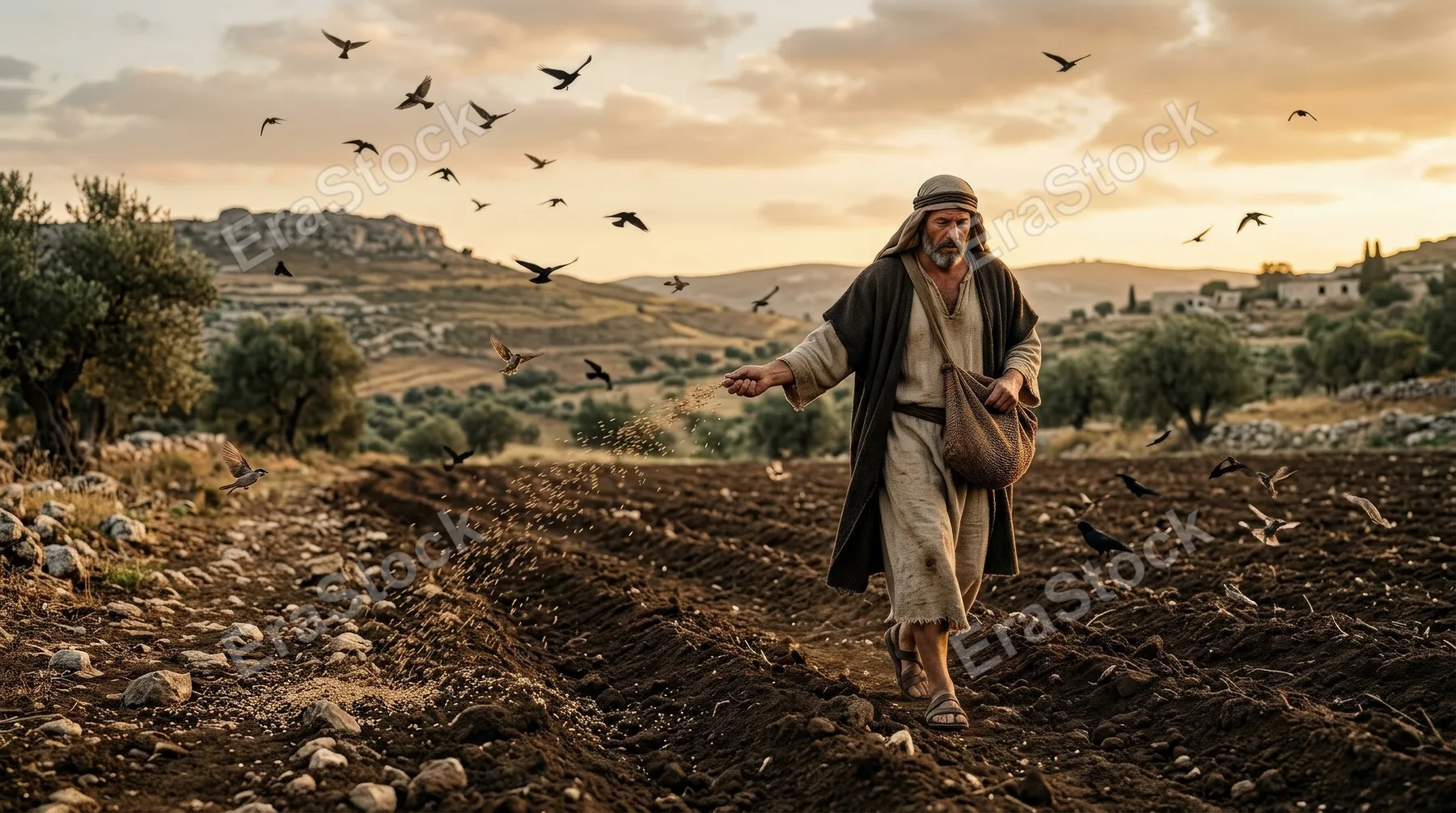 A man sowing seeds in a plowed field with birds flying overhead, portraying the parable of the sower, rugged countryside, soft golden light, reflective biblical atmosphere, ultra-realistic, no logos.