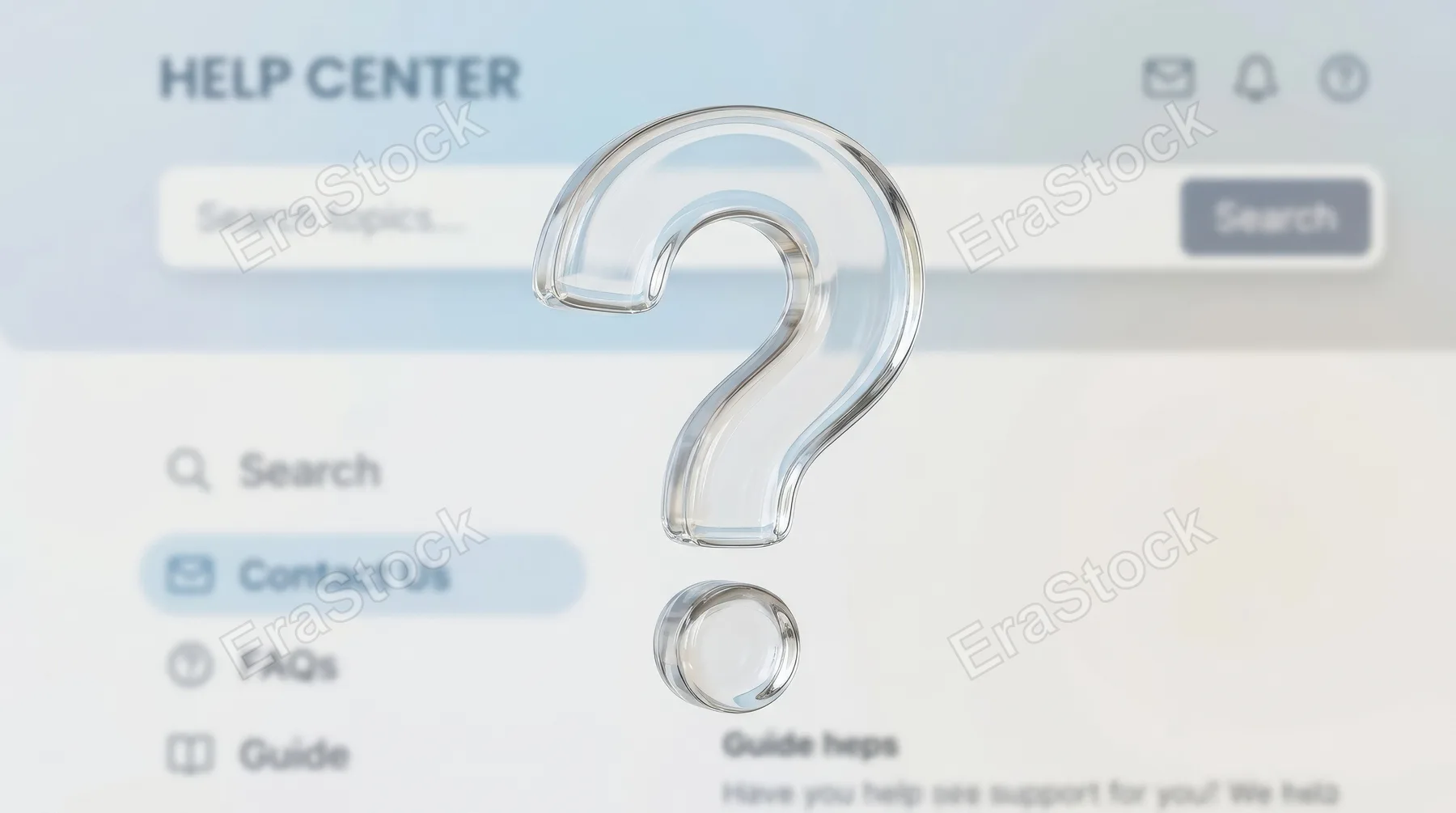 A transparent glass question mark icon with smooth rounded edges, crystal clarity, subtle reflections and a clean help-and-support interface atmosphere, ultra-realistic, no logos.