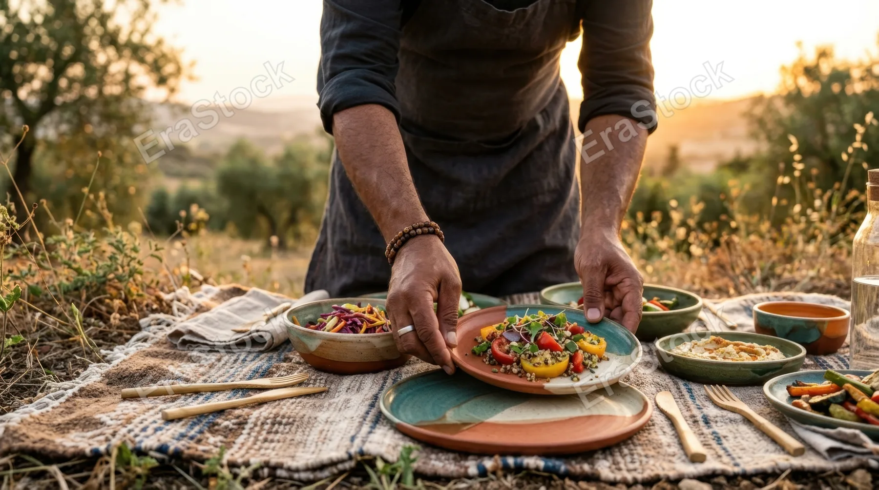 a close-up of the middle-eastern male chef's hands as he elegantly arranges colorful eco-friendly dishes on the picnic blanket at sunset. the golden light reflects off