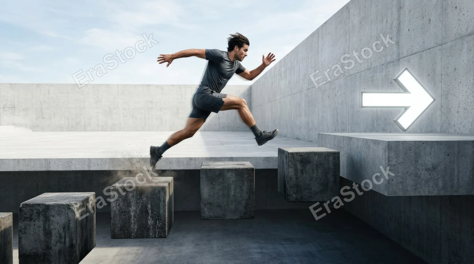 A man jumping across blocks toward a forward arrow, minimalist scene, dynamic motion, clean contrast and an energizing atmosphere of progress, determination, and motivation, ultra-realistic, no logos.