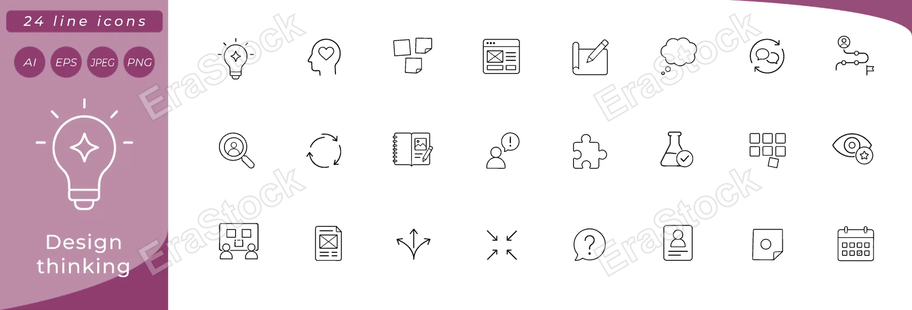 Design thinking: lightbulb with spark, empathy heart in head silhouette, sticky notes cluster, prototype wireframe screen, pencil on drafting paper, user journey path, brainstorm cloud, feedback loop