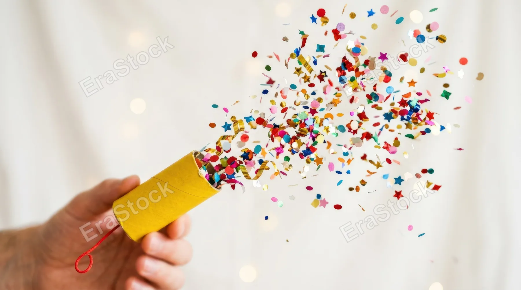 A yellow party popper emoji bursting with confetti, playful celebration and bright cheerful energy on a clean backdrop, ultra-realistic, no logos.