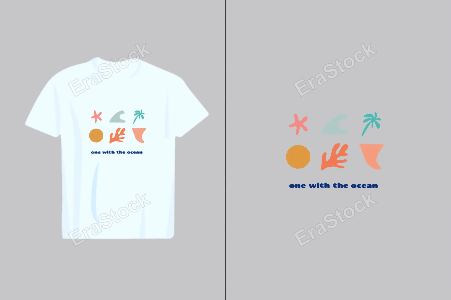 A minimalist graphic design featuring abstract shapes representing ocean elements and the phrase 'one with the ocean'