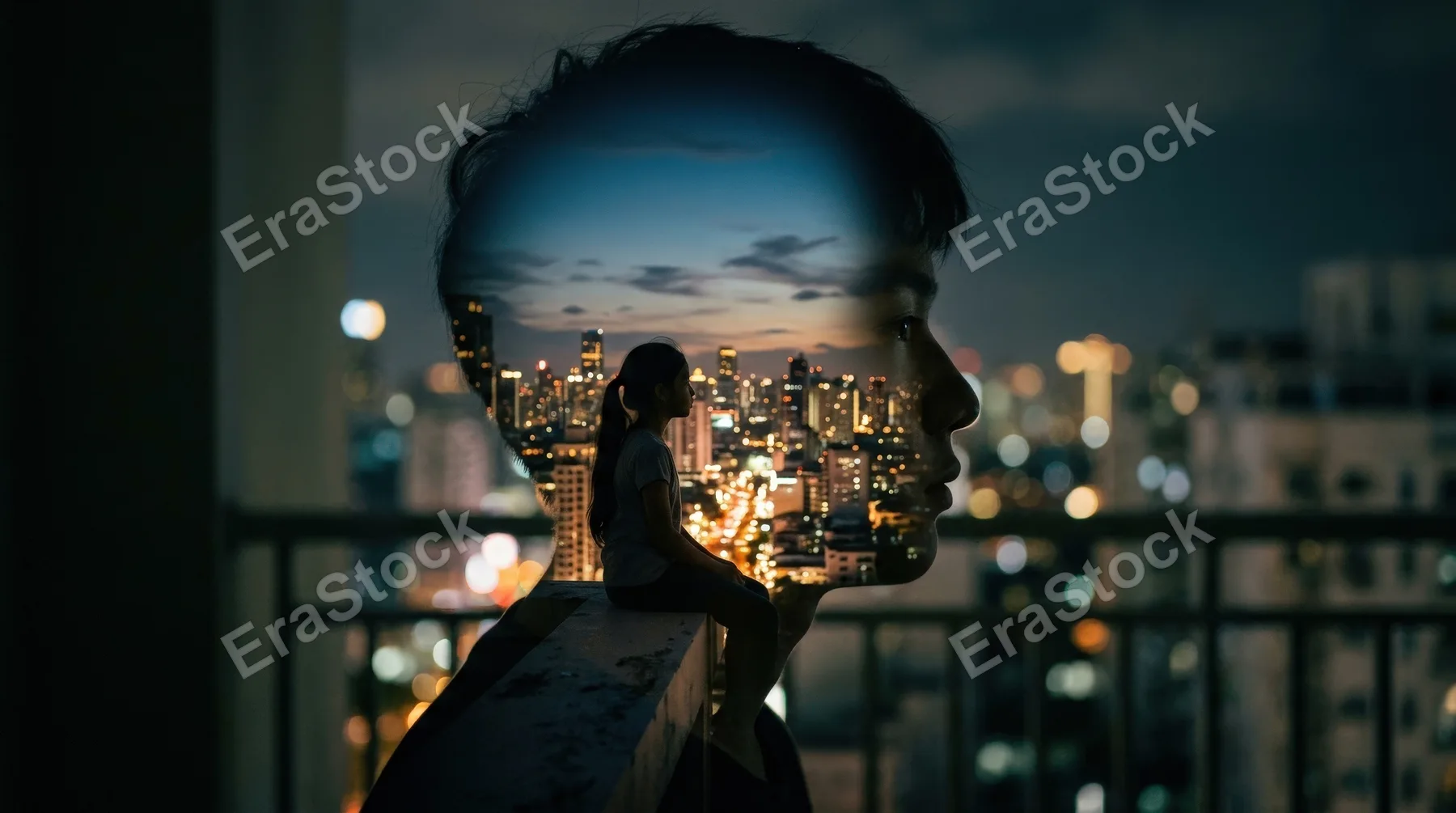 A poetic double-exposure scene of a girl's silhouette seated before a cityscape within a boy's profile, layered urban lights, introspective mood, soft cinematic glow, ultra-realistic, no logos.