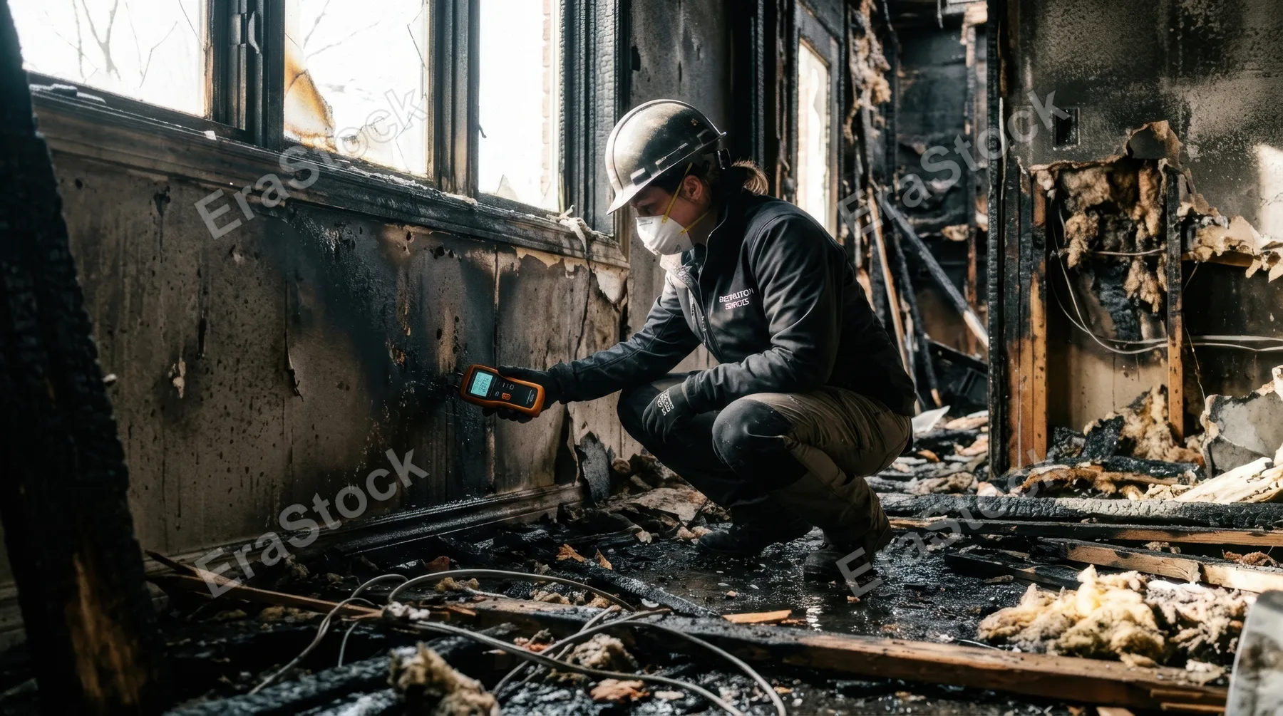 from a low angle, the restoration assessor is seen engaged with the moisture meter in a partially damaged room, with charred walls and debris framing the scene. the