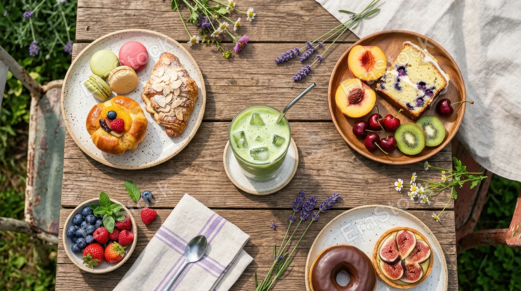 a top-down perspective of the rustic wooden table, revealing the iced matcha drink at the center, surrounded by colorful pastries and vibrant fruits. the overhead shot