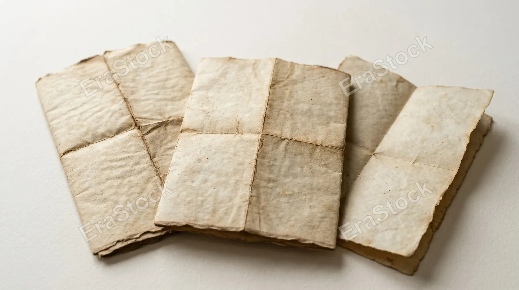 Folded aged paper sheets in warm beige tones, visible creases and soft parchment texture isolated cleanly, nostalgic archival stationery mood, ultra-realistic, no logos.
