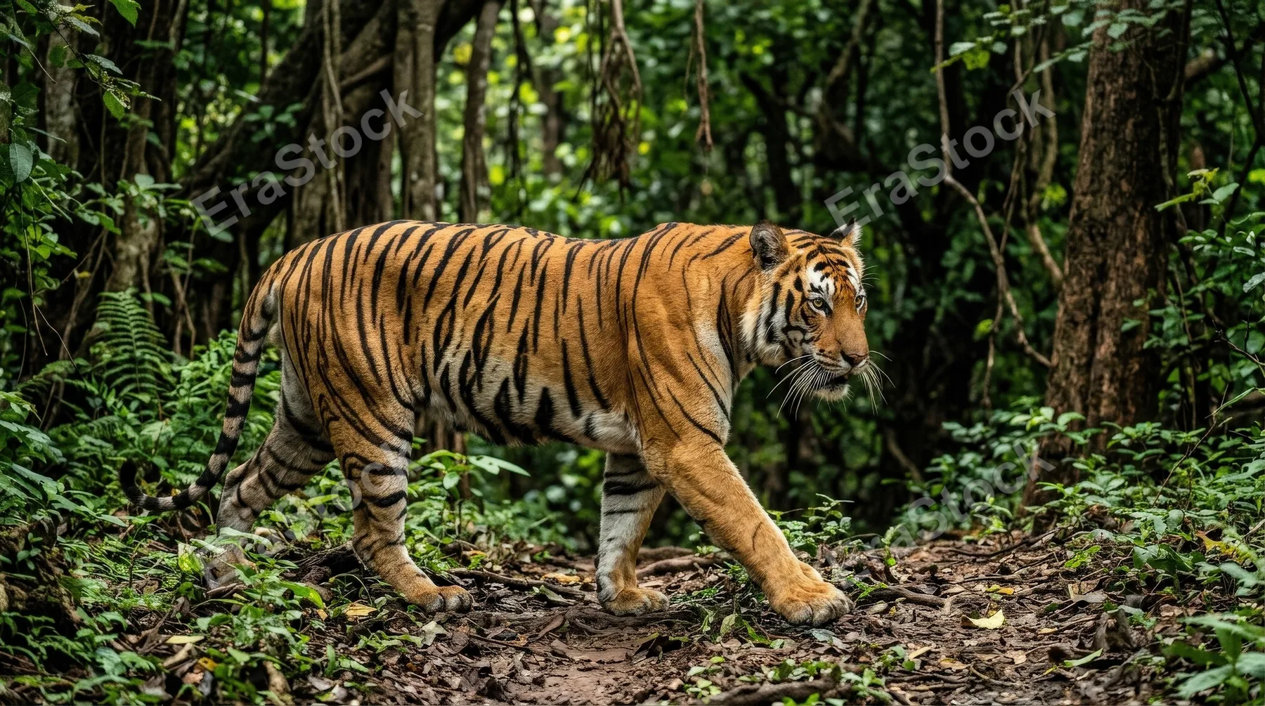 A wild tiger walking majestically, bold striped coat, muscular form and powerful untamed jungle atmosphere, ultra-realistic, no logos.