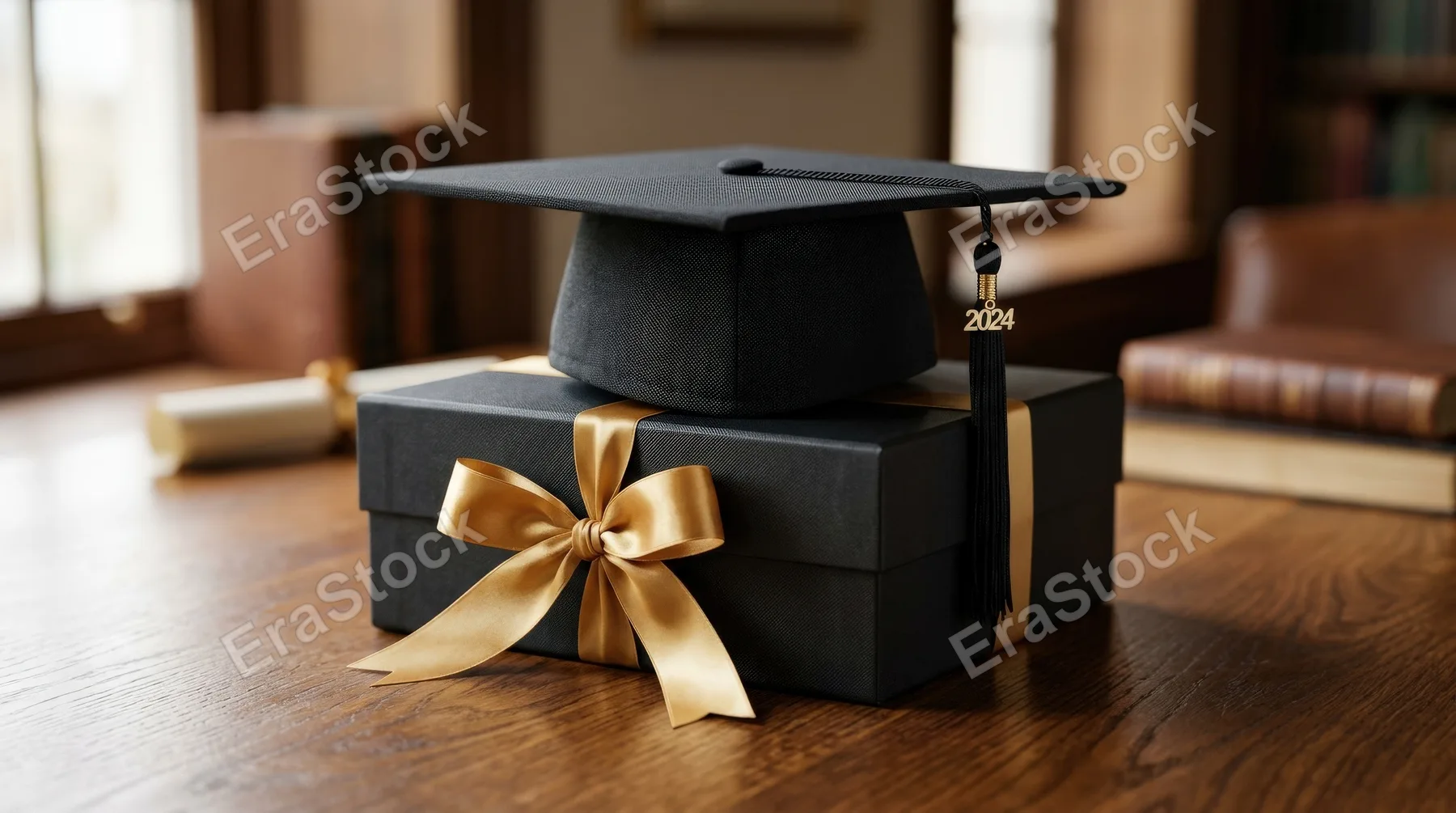 A graduation cap placed on an elegant gift box with a golden ribbon, symbol of academic success and celebration, minimal refined staging, ultra-realistic, no logos.
