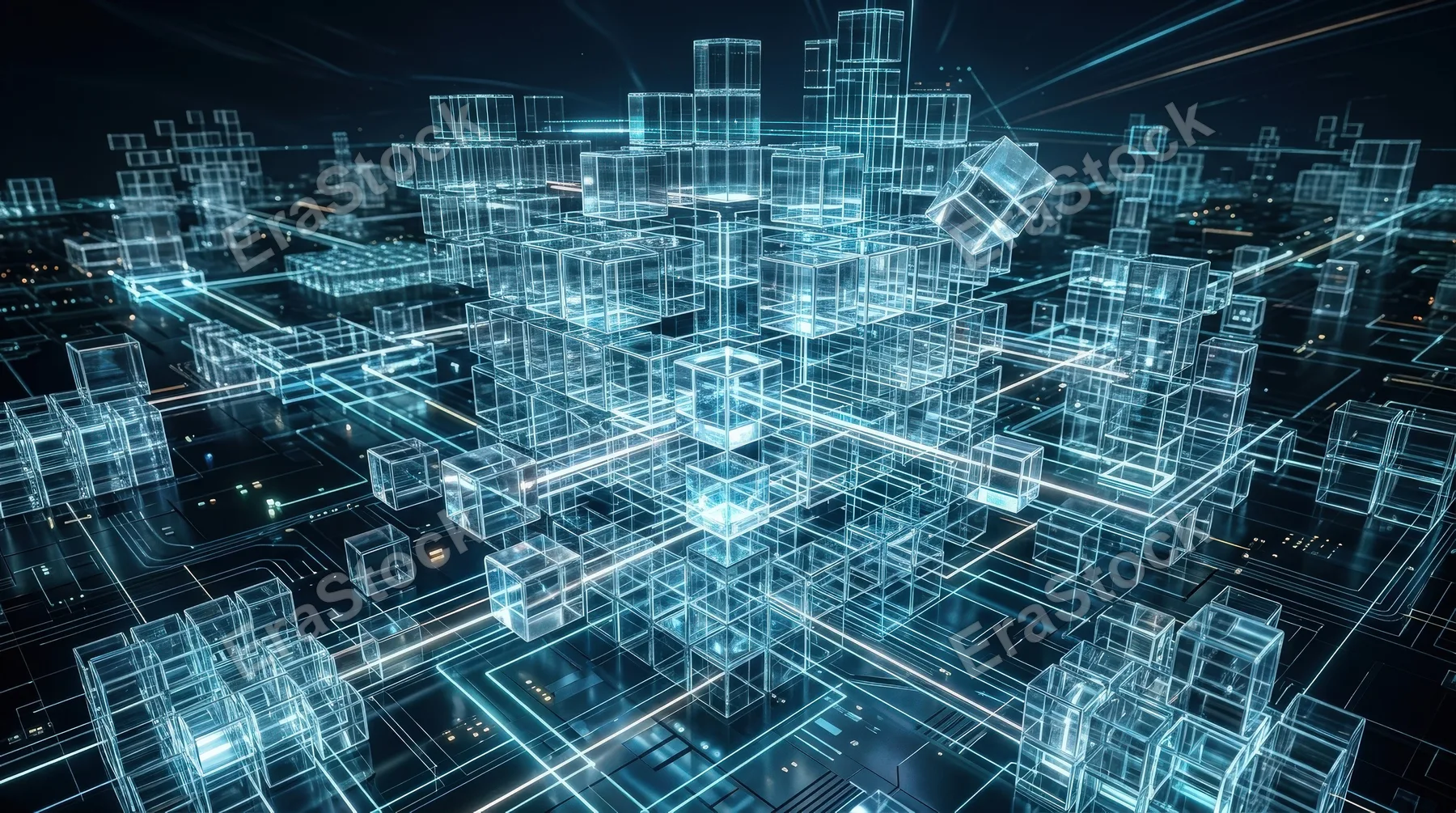 Glass cube blocks assembling into a sleek digital architecture, transparent modular forms and networked depth, advanced platform ecosystem atmosphere, ultra-realistic, no logos.