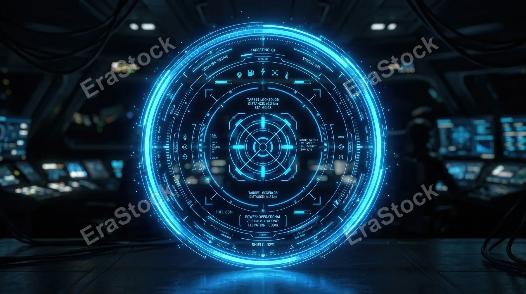 A circular HUD technology display ring with glowing blue scanner frame, digital control accents and clean futuristic symmetry, ultra-realistic, no logos.