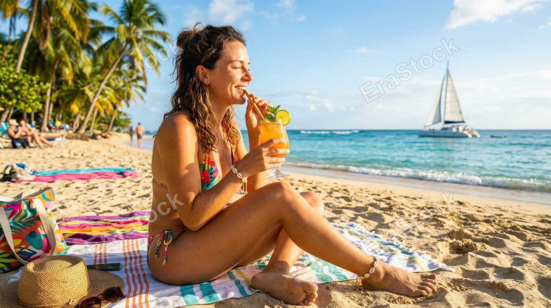 A person sipping a refreshing drink on a colorful beach with palm trees and a sailboat in the distance, warm sunlight, vivid summer tones and carefree vacation mood, ultra-realistic, no logos.