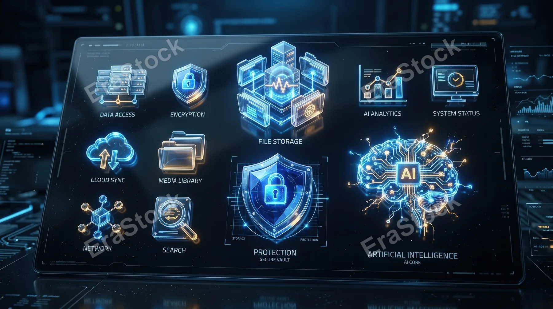 A crystal-clear digital media icon set with file storage, protection, and artificial intelligence symbols, glossy futuristic interface mood, ultra-realistic, no logos.