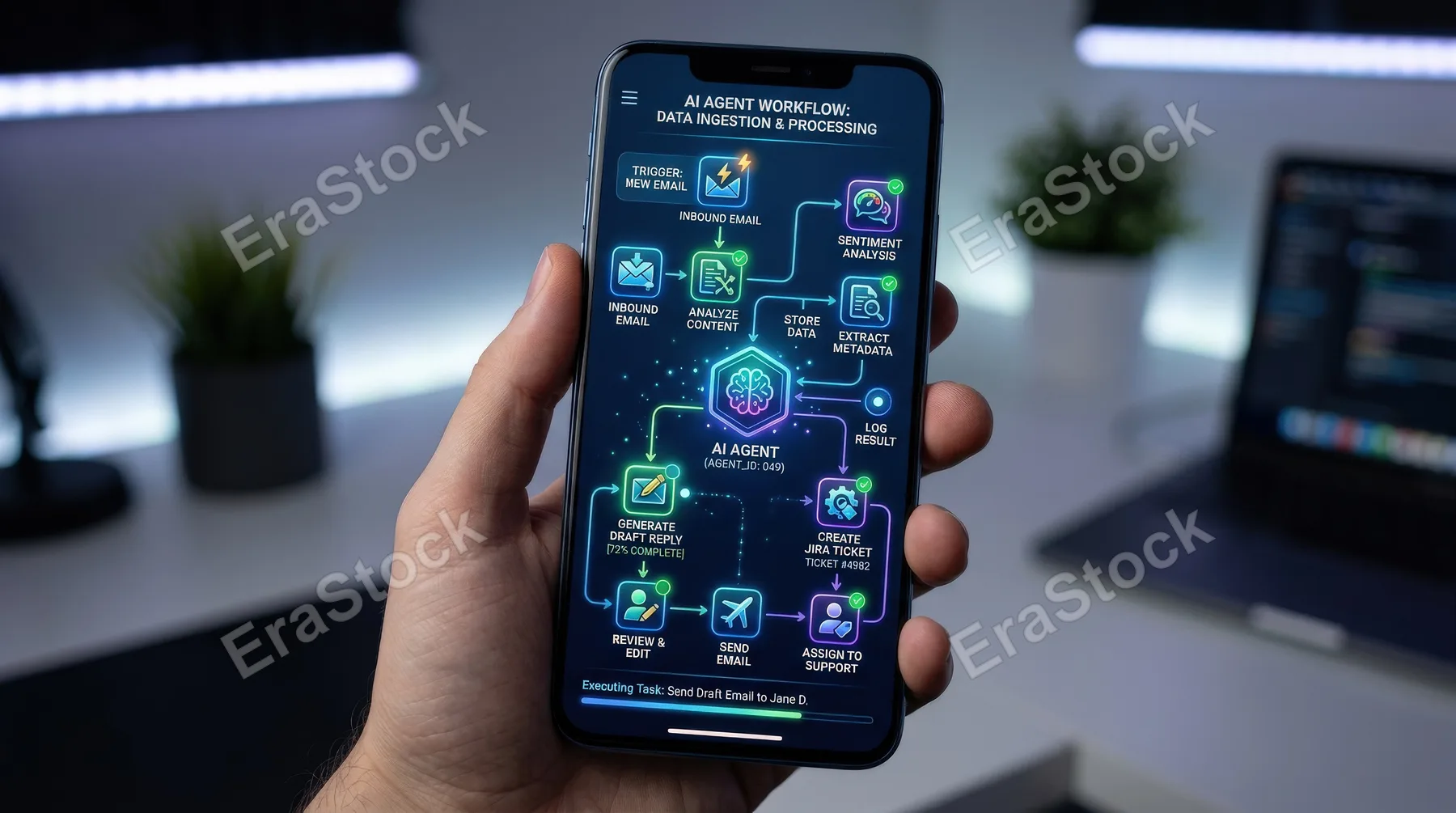 An AI agent automation workflow displayed on a smartphone screen, compact digital interface, glowing process icons, clean modern app design, soft futuristic lighting, ultra-realistic, no logos.