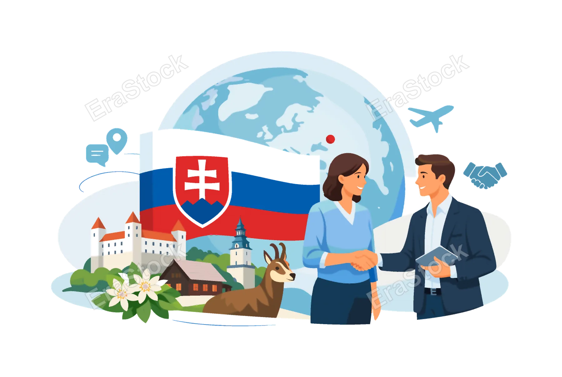 International awareness and global representation scenario where Slovakia is introduced through its national symbols in a modern informational setting, visualized with