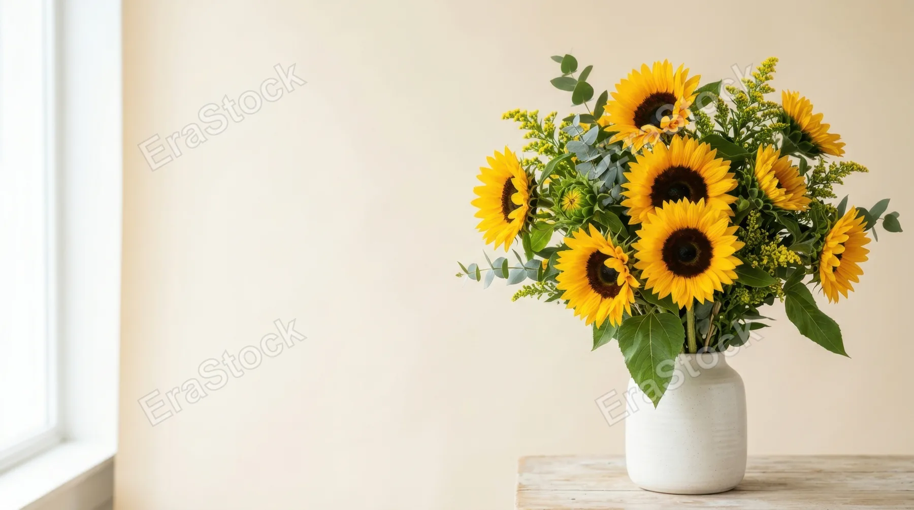 in a bold and clean commercial composition, a vibrant arrangement of sunflowers is displayed prominently with generous copy space on a soft cream backdrop. the scene is