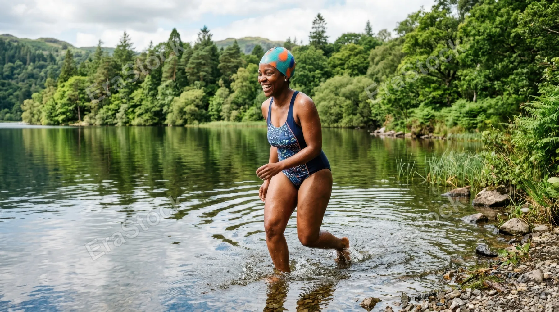 a 30-year-old black female outdoor swimmer joyfully entering a serene lake, her vibrant bright silicone swim cap glistening in the sunlight. the lush greenery surrounding