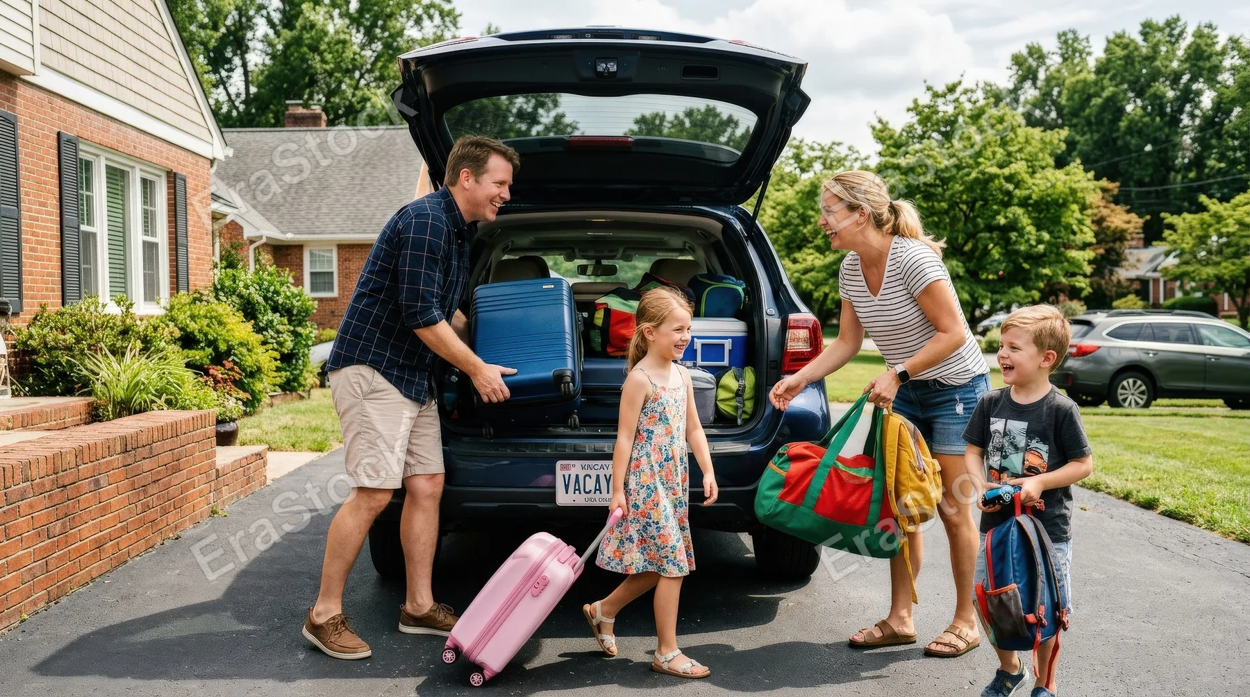 A family packing luggage into an open car for a holiday road trip, parents and kids loading bags, excited travel atmosphere, ultra-realistic, no logos.