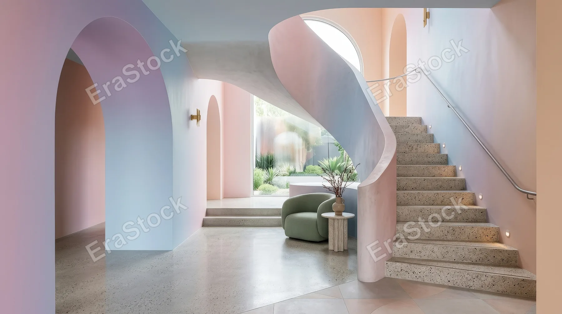 A modern geometric interior with arch and stairs in gradient pastel colors, soft shadows and elegant minimal architectural balance, ultra-realistic, no logos.