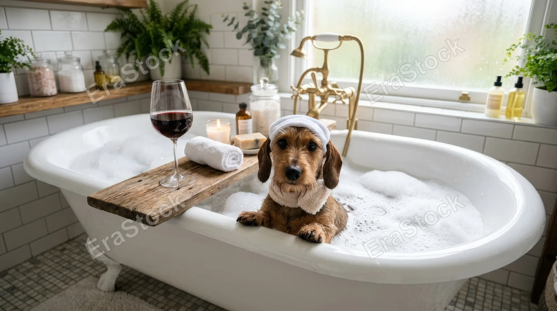A dachshund relaxing in a bathtub with a glass of wine nearby, humorous spa-like comfort, ultra-realistic, no logos.