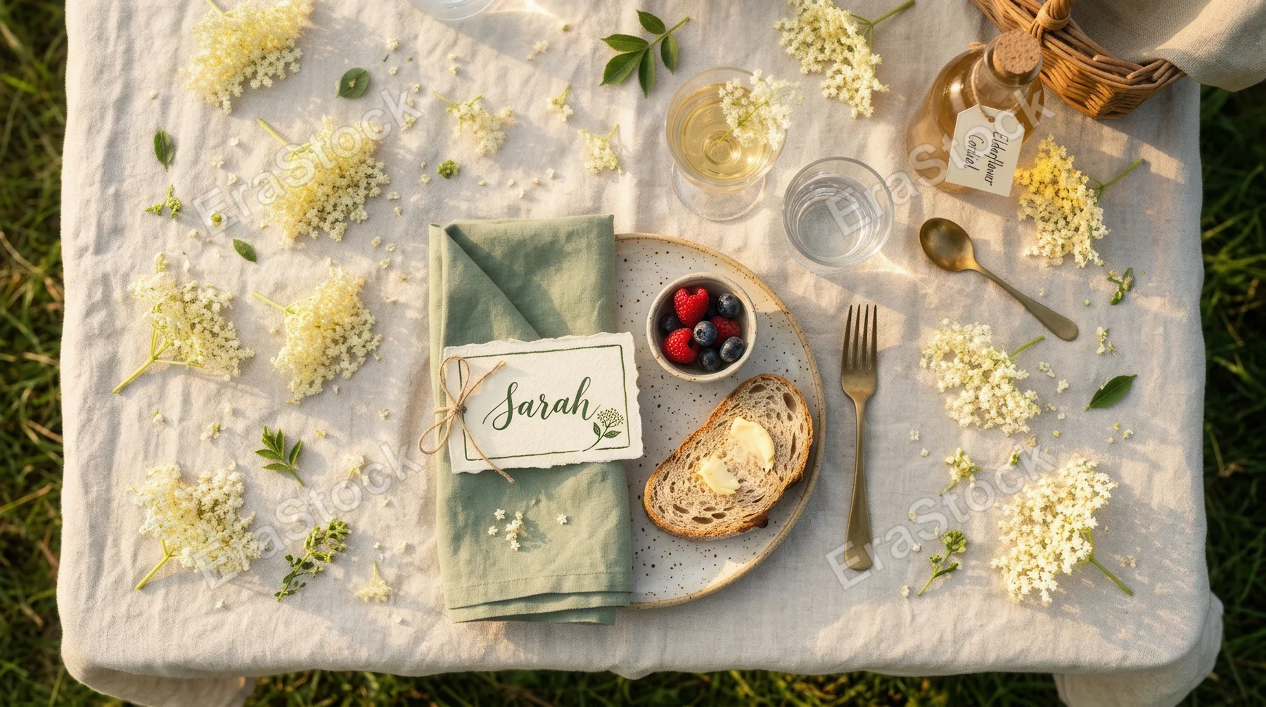an overhead flat lay of the picnic arrangement, capturing the place card and napkins from a unique angle, surrounded by the scattered elderflower blooms on a soft,